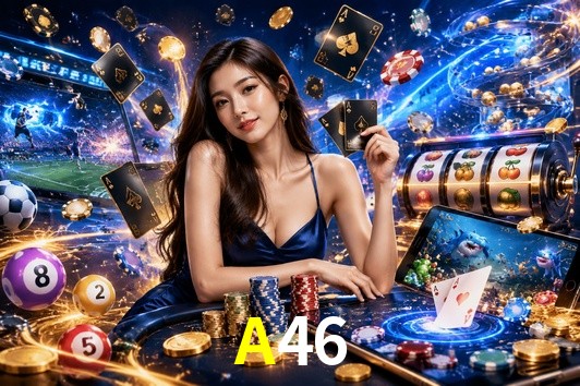 Una escena digital vívida inspirada en casino con A46 mostrado prominentemente, luces brillantes, fichas, cartas y acentos dorados.