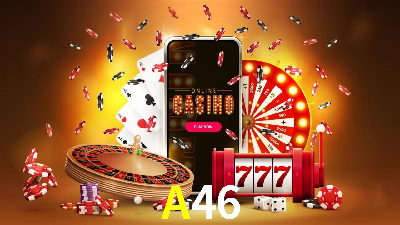 Escena dinámica inspirada en casino con iluminación A46, cartas, fichas e íconos de juegos digitales en un espacio moderno de juegos.